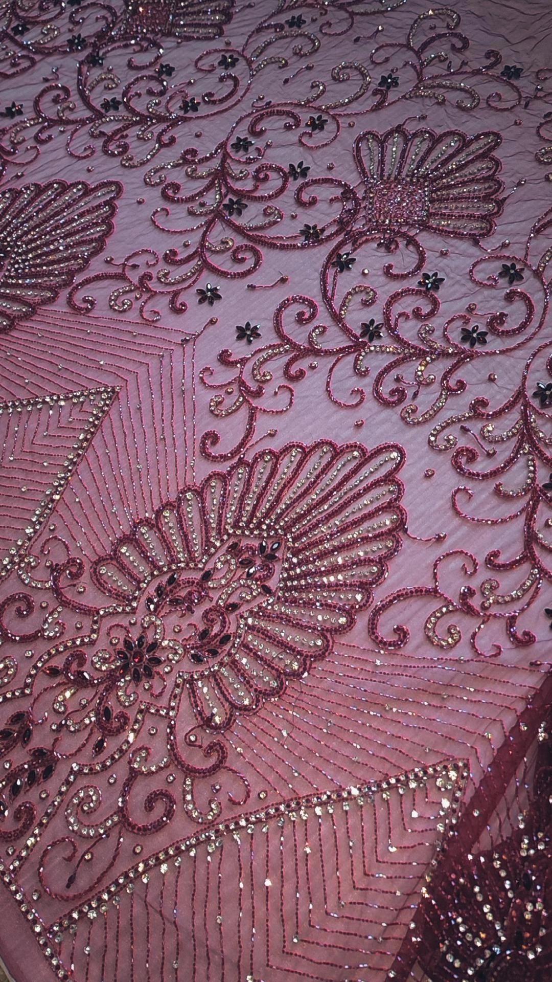 Handbeaded Rhinestone Swarovski Crystal Stones Fabric Material by Yard