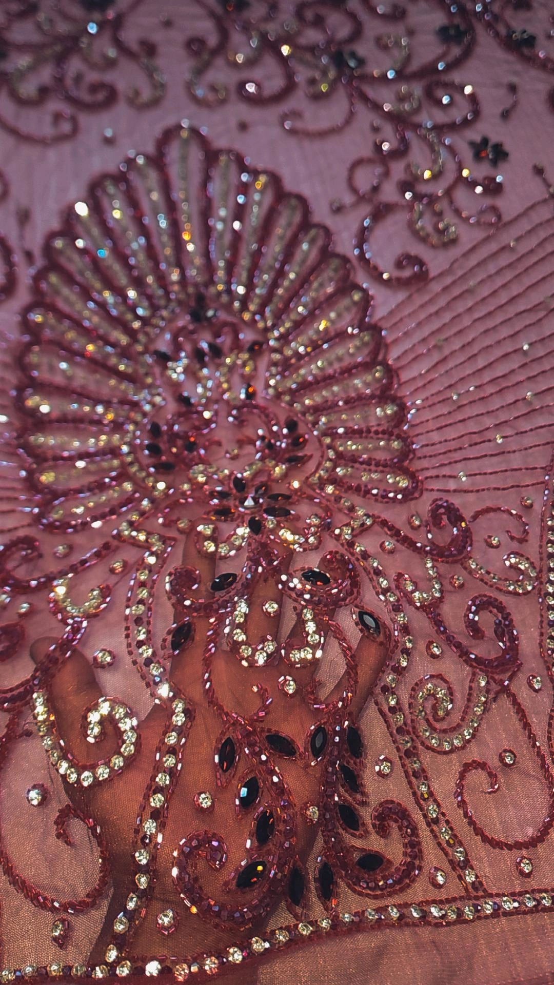 Handbeaded Rhinestone Swarovski Crystal Stones Fabric Material by Yard