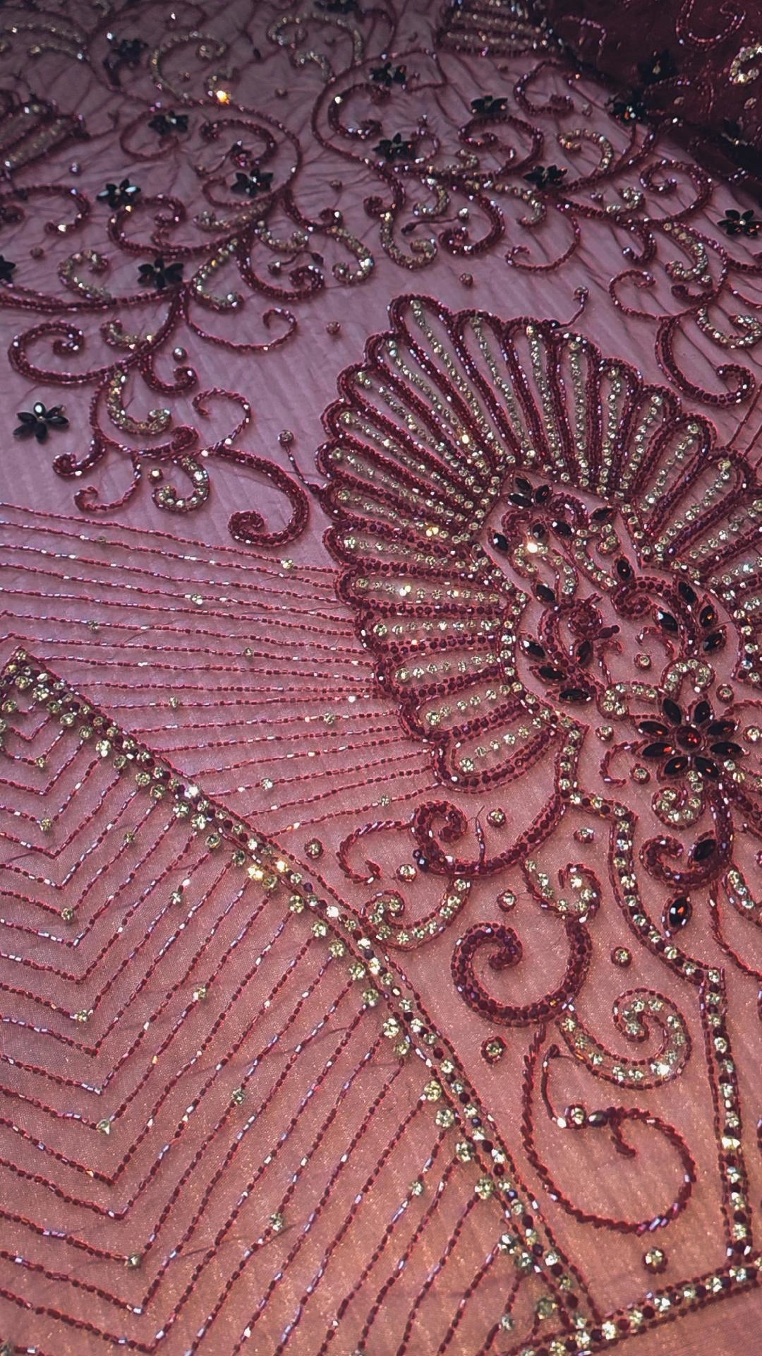 Handbeaded Rhinestone Swarovski Crystal Stones Fabric Material by Yard