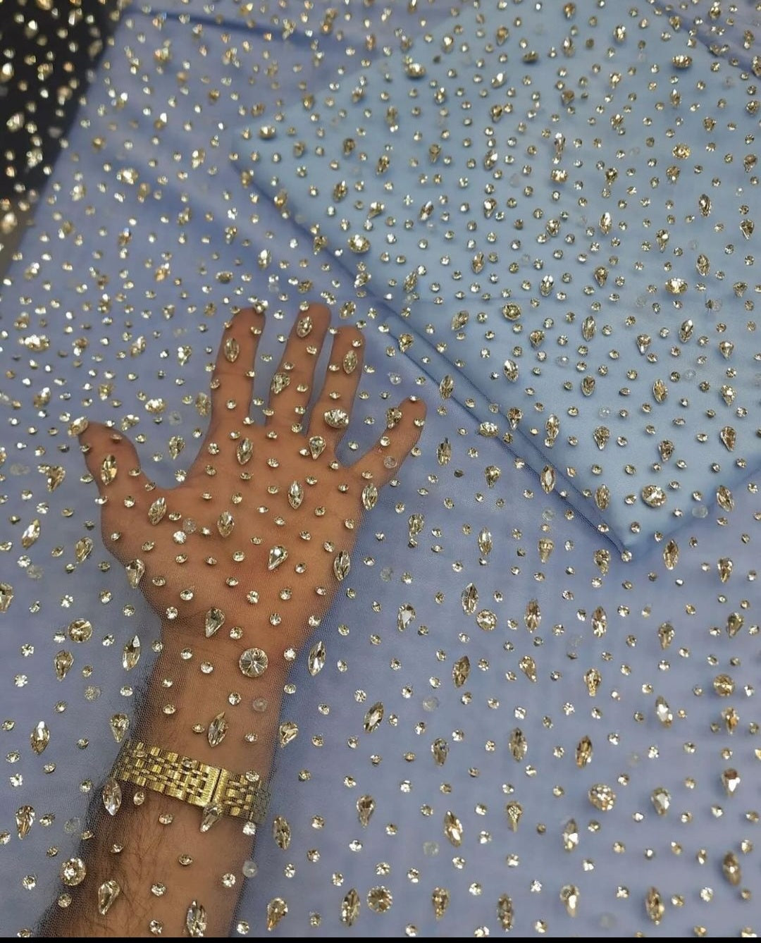 Sparkling Elegance: Hand-Beaded Swarovski Stones Fabric - Mk Zariwala