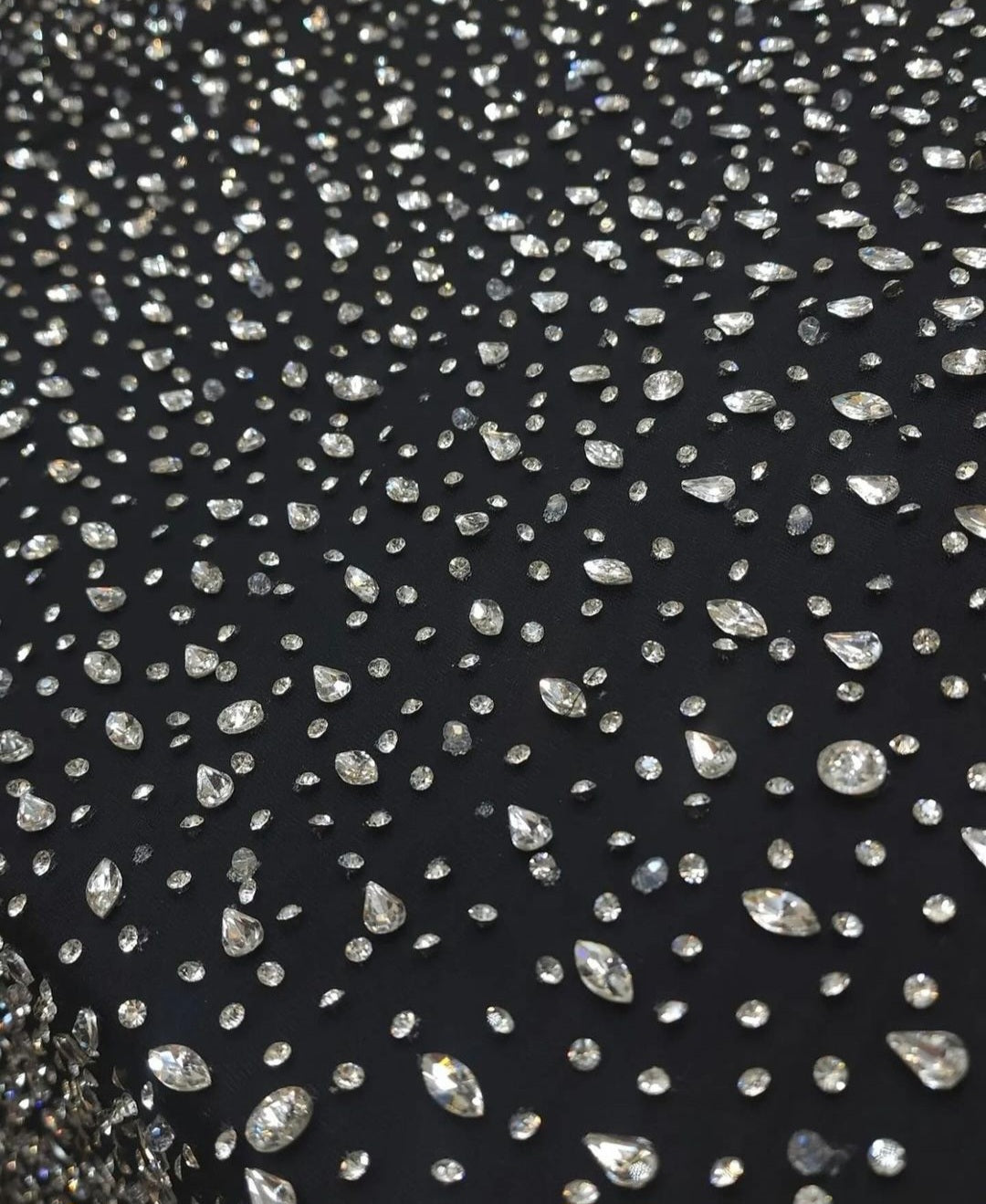 Sparkling Elegance: Hand-Beaded Swarovski Stones Fabric - Mk Zariwala