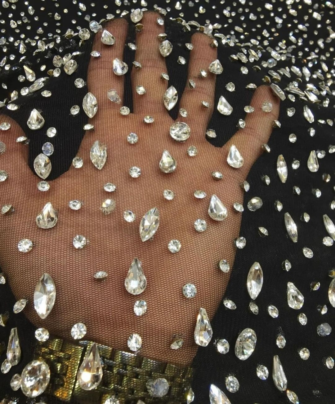 Sparkling Elegance: Hand-Beaded Swarovski Stones Fabric - Mk Zariwala