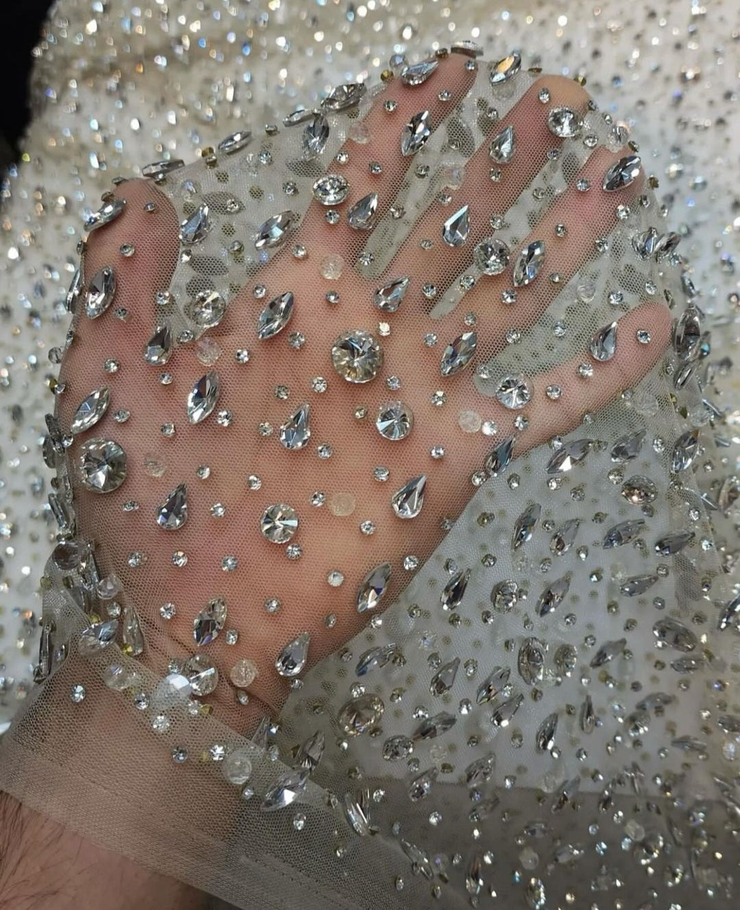 Sparkling Elegance: Hand-Beaded Swarovski Stones Fabric - Mk Zariwala