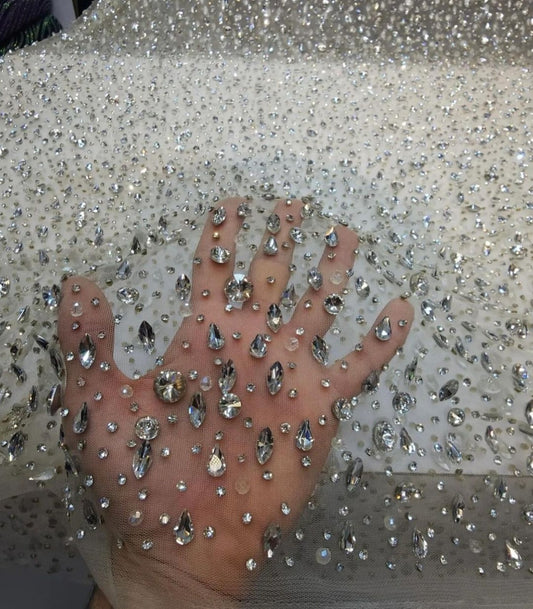 Sparkling Elegance: Hand-Beaded Swarovski Stones Fabric - Mk Zariwala 