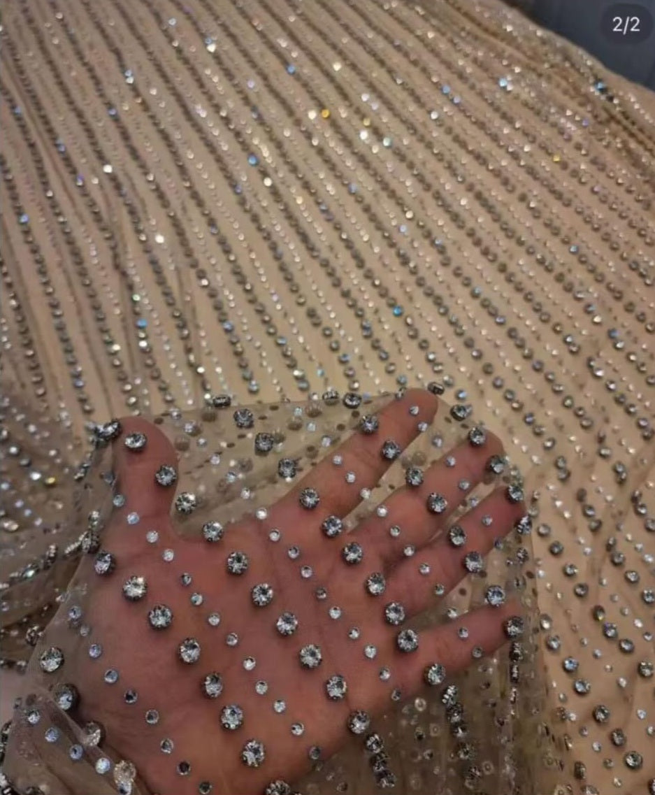 [ custom Made ] Exclusive | Hand Beaded Fabric Material | Handbeaded savoraski stones | Dress Making | Fabric by Yards